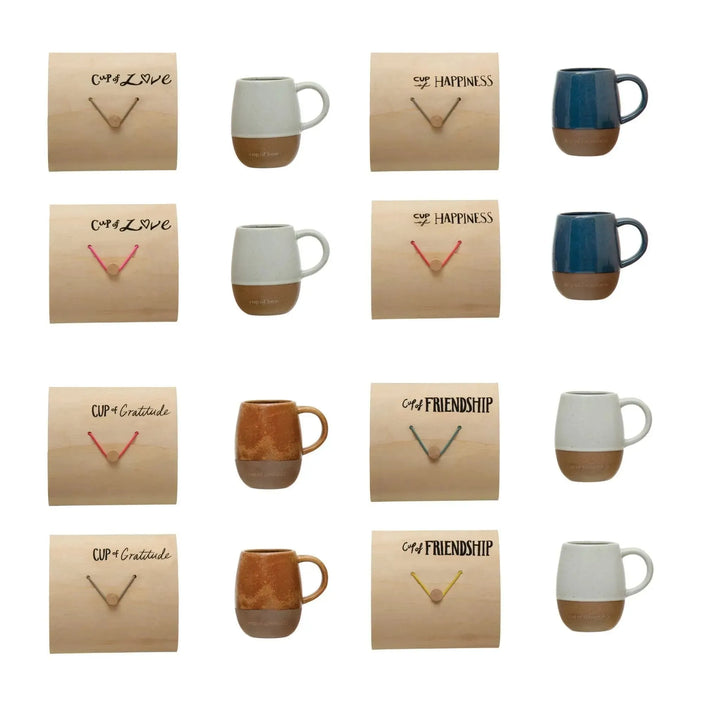 Mug with gift box and saying, 3 colors, 4 styles decor in white background.