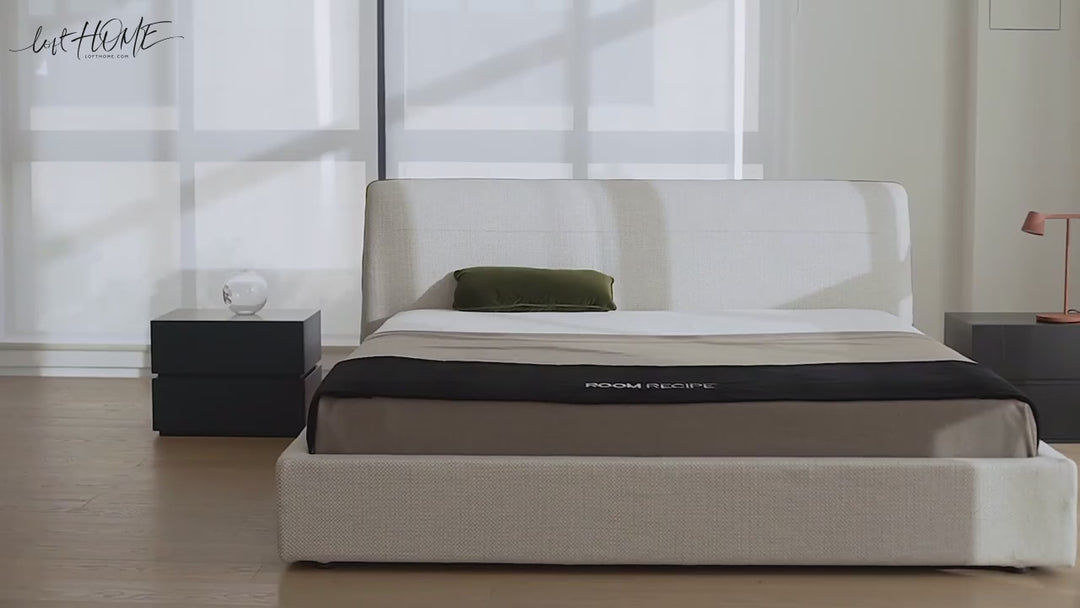 Minimalist fabric bed muuo layered structure.