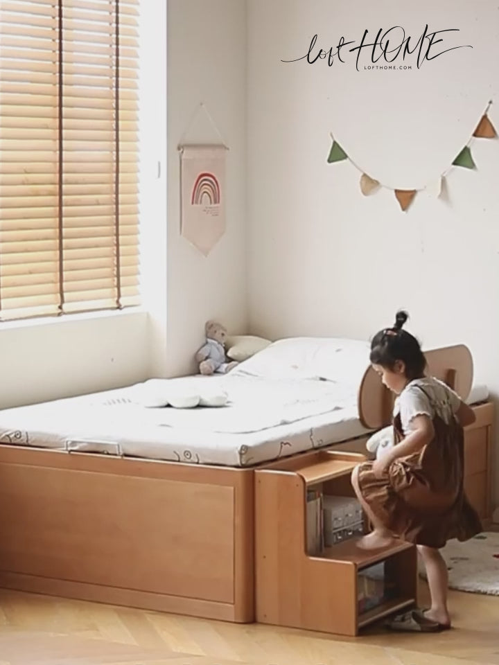 Scandinavian beech wood kids storage bed tidy conceptual design.