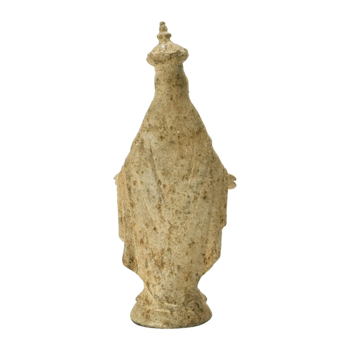Resin vintage reproduction virgin mary statue, distressed finish decor material variants.