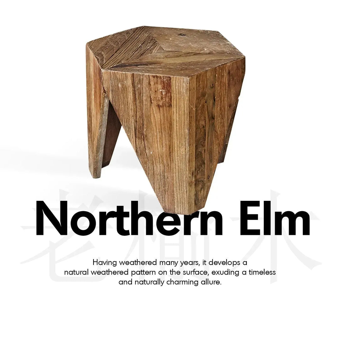 Rustic elm wood coffee table hexagon elm in still life.