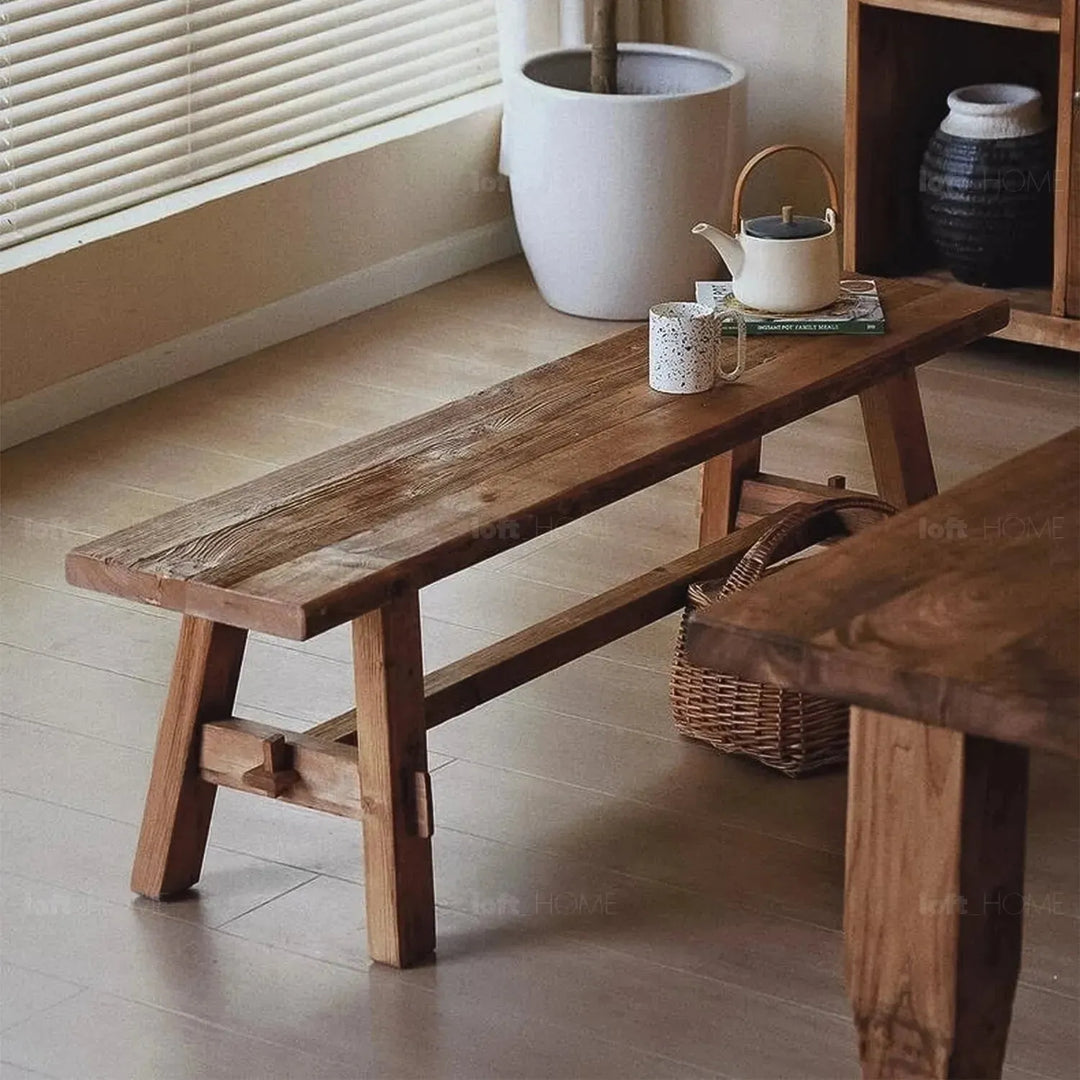 Rustic elm wood dining bench stone elm with context.