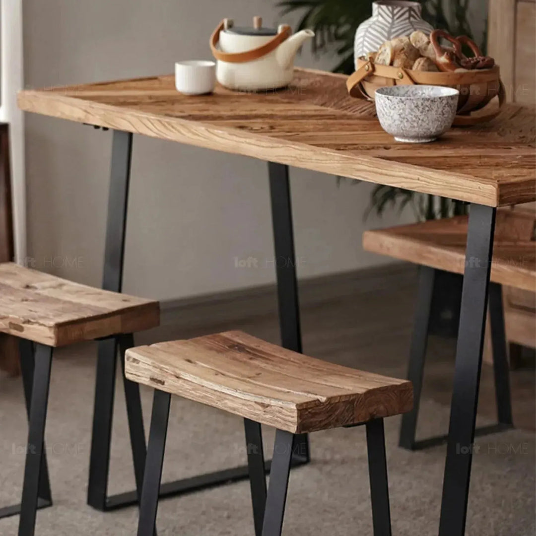 Rustic elm wood dining table fishbone elm color swatches.