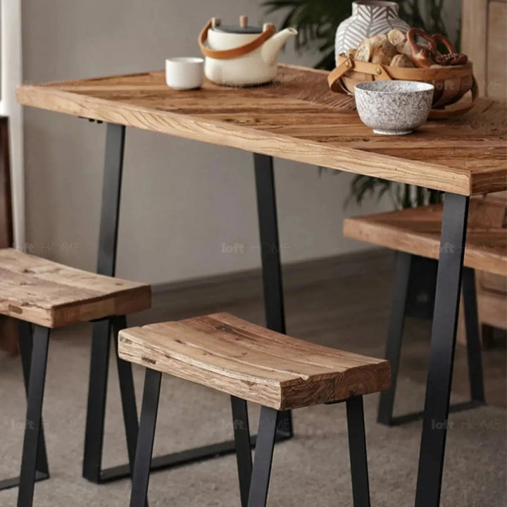 Rustic elm wood dining table fishbone elm color swatches.