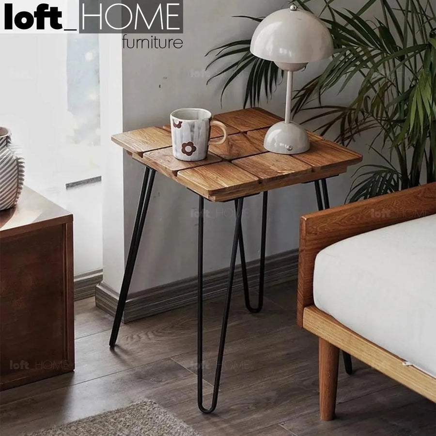 Rustic elm wood square side table velvet elm primary product view.