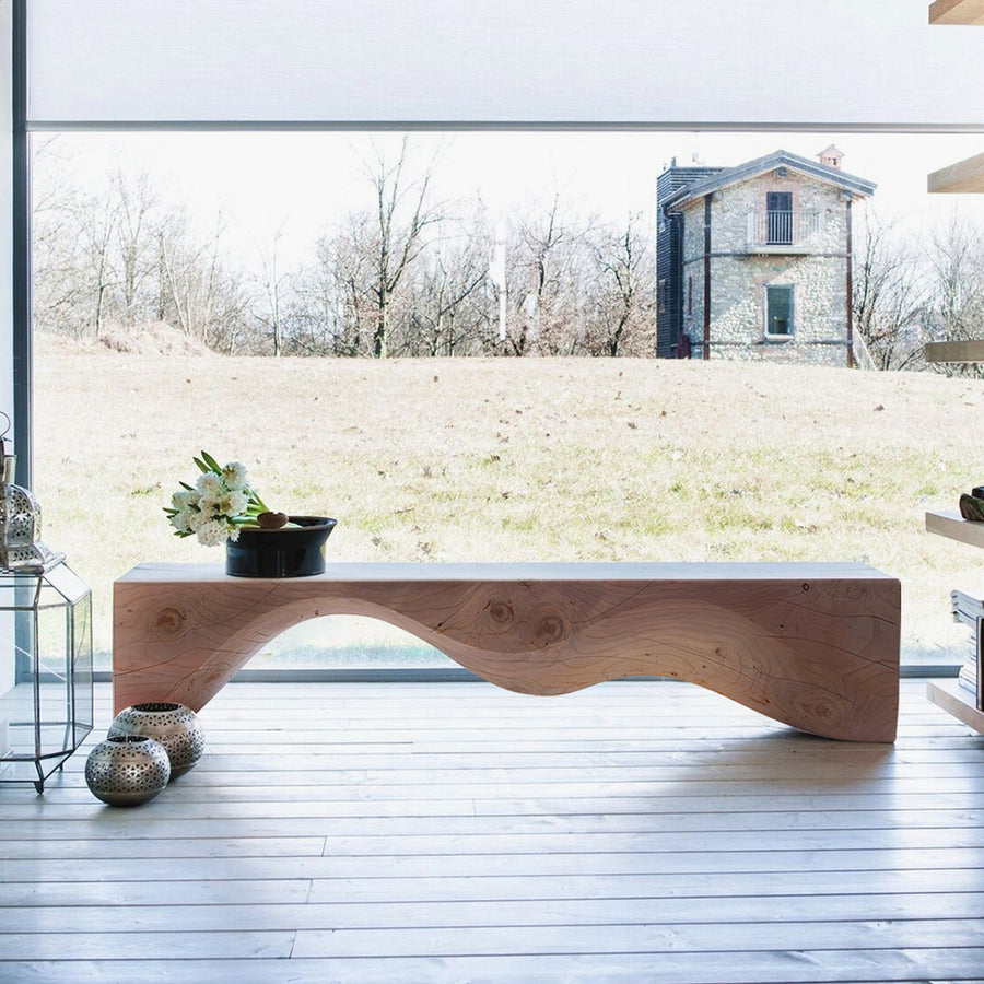 Rustic wood bench mountains primary product view.