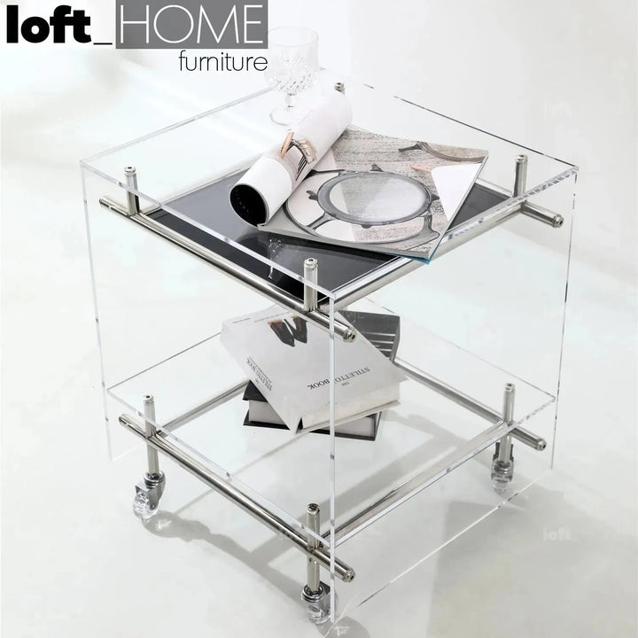 Contemporary acrylic side table josy in close up details.