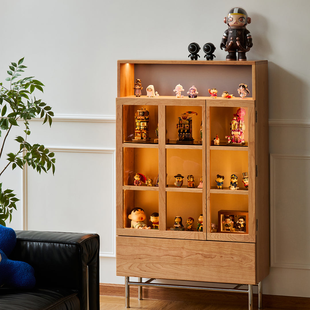 Scandinavian cherry wood display cabinet time in still life.