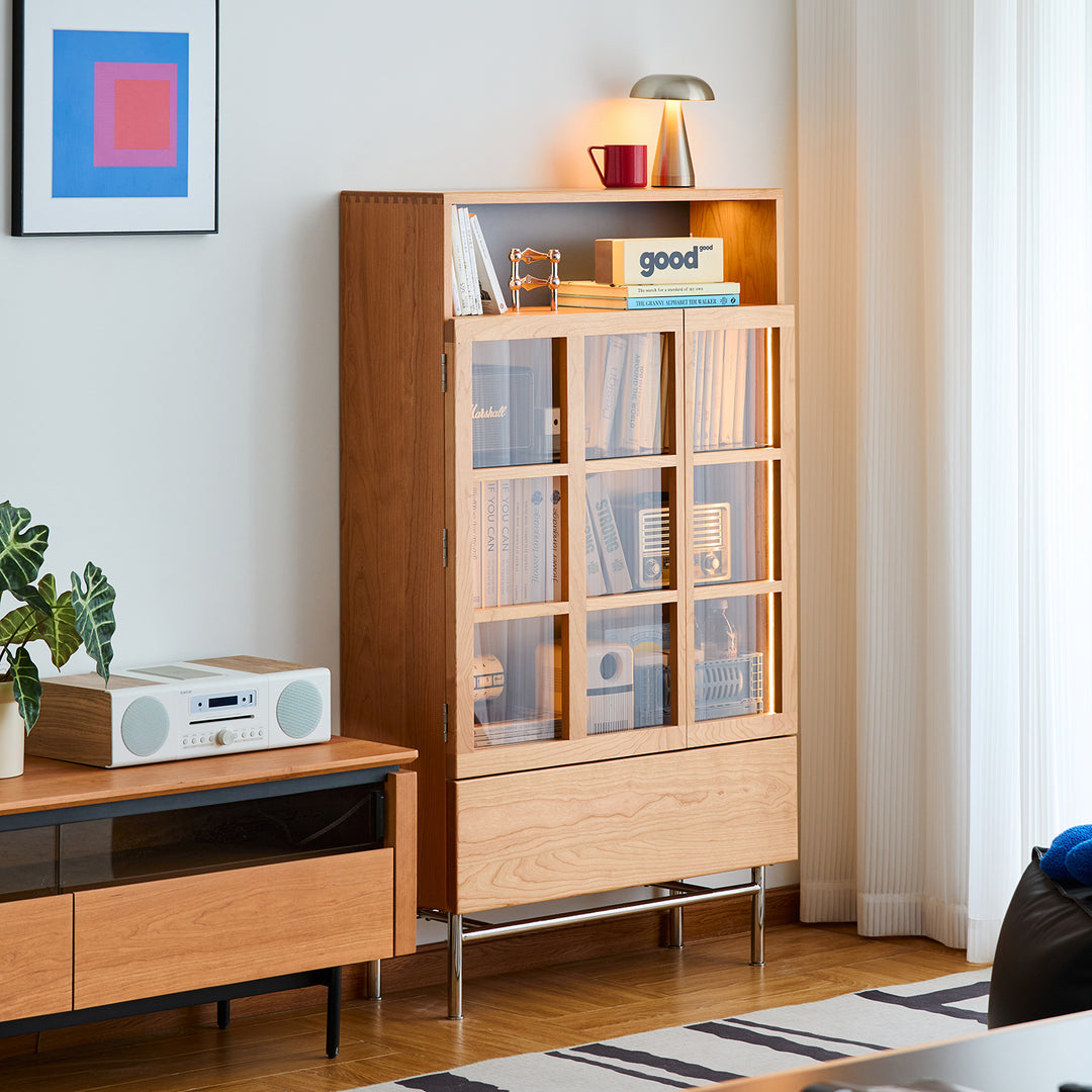 Scandinavian cherry wood display cabinet time size charts.