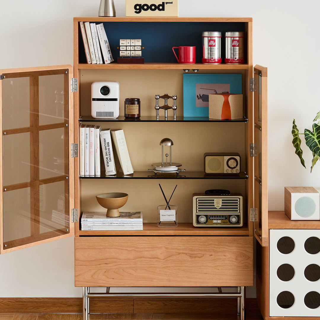 Scandinavian cherry wood display cabinet time in details.