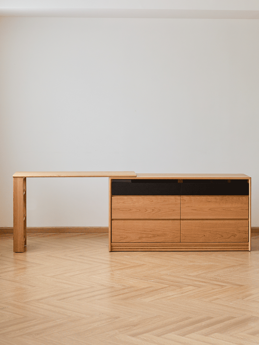 Scandinavian cherry wood dressing table shore color swatches.