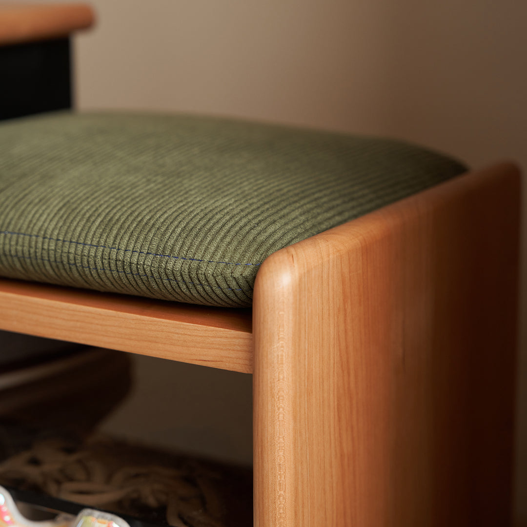 Scandinavian cherry wood shoe changing bench mori in details.
