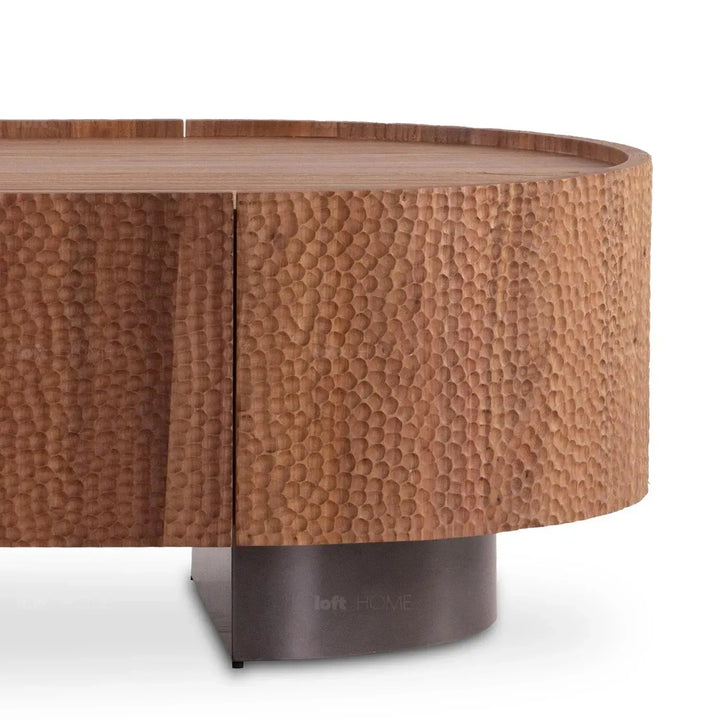 Scandinavian elm wood coffee table savvy in panoramic view.