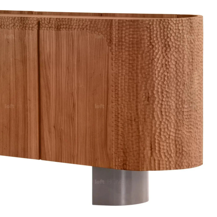 Scandinavian elm wood storage cabinet vortex in close up details.
