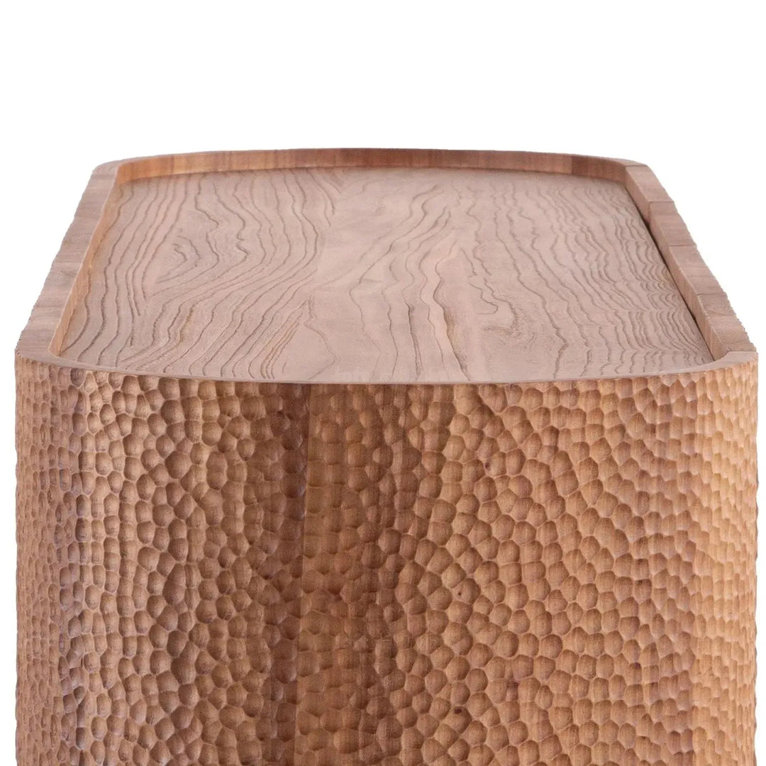 Scandinavian elm wood tv console savvy in close up details.