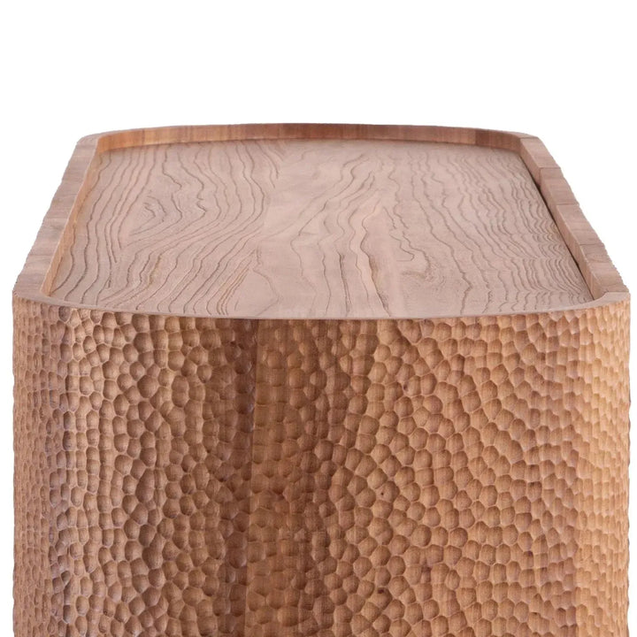 Scandinavian elm wood tv console savvy in close up details.