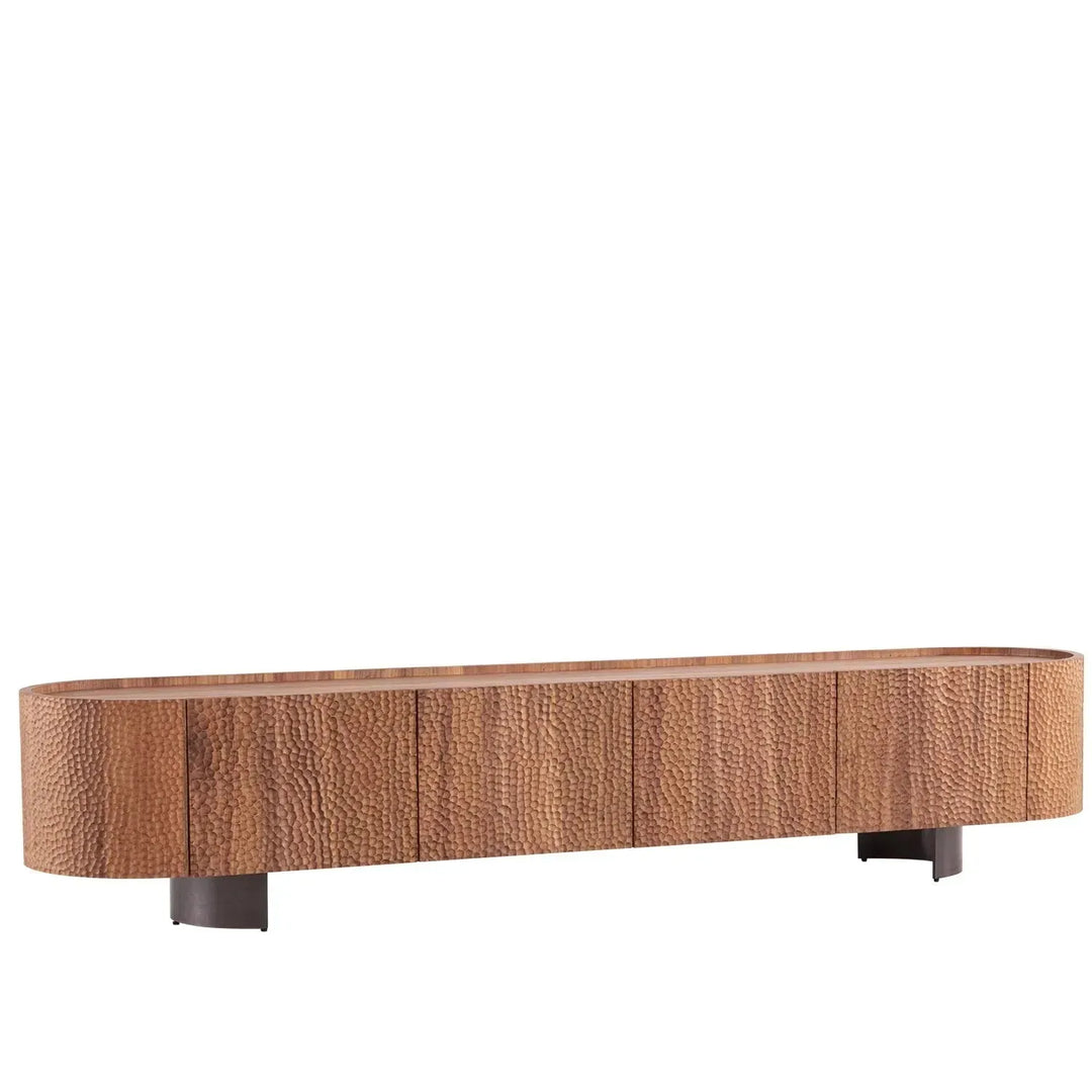 Scandinavian elm wood tv console savvy in panoramic view.