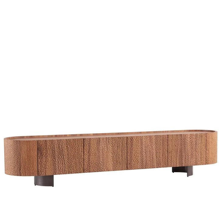 Scandinavian elm wood tv console savvy in panoramic view.