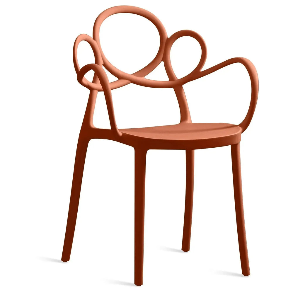 Contemporary plastic armrest dining chair mina in white background.