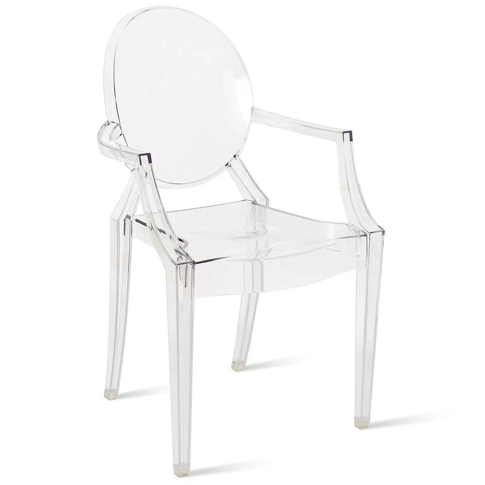 Contemporary plastic dining chair ghost lou in white background.