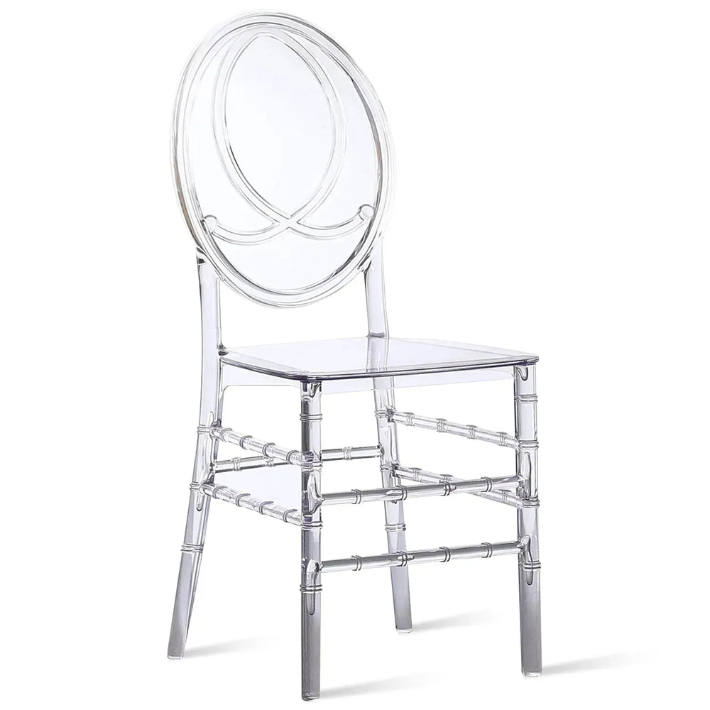 Contemporary plastic dining chair isa in white background.
