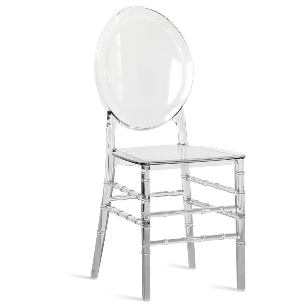 Contemporary plastic ghost dining chair lia in white background.