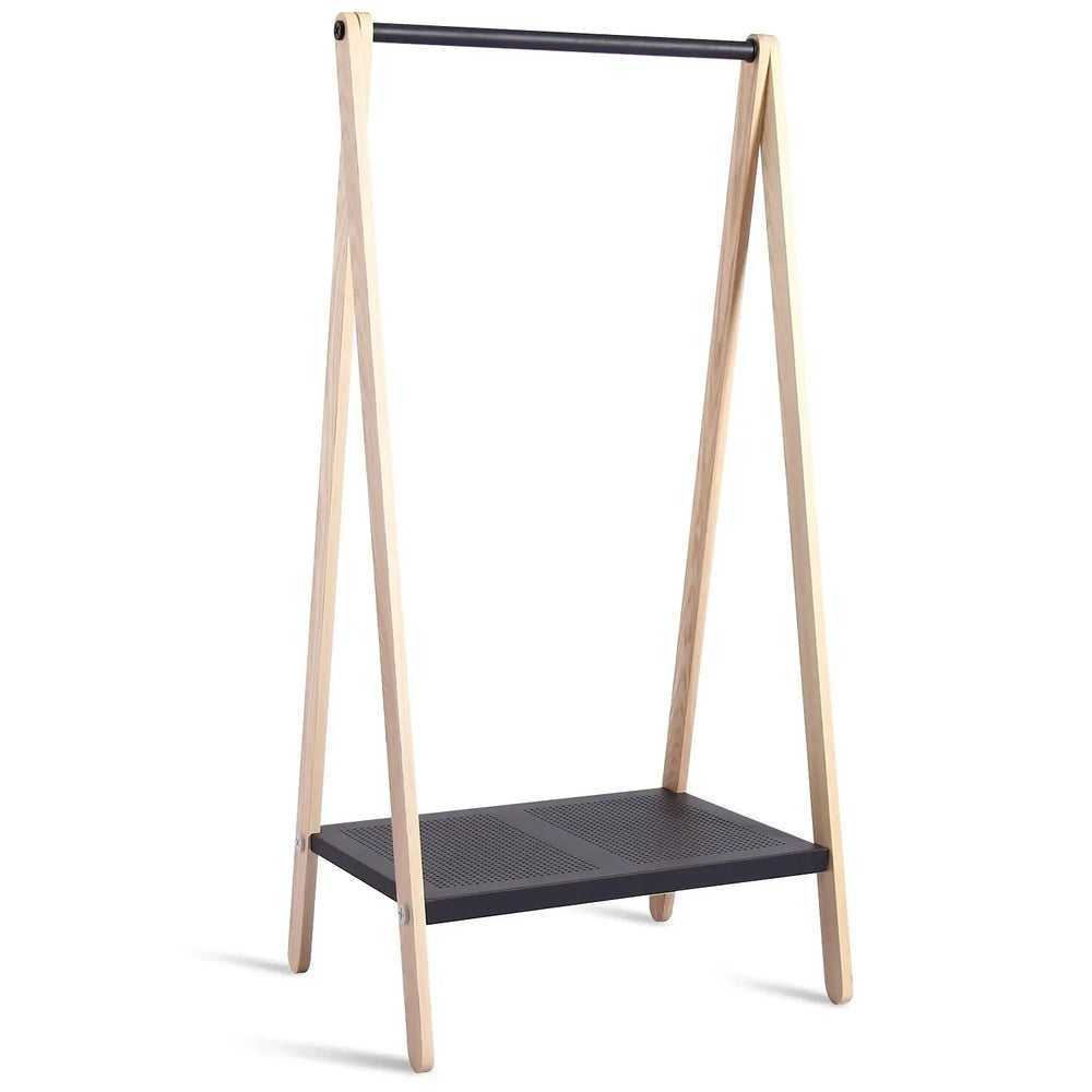 Modern wood cloth hanger toj in white background.