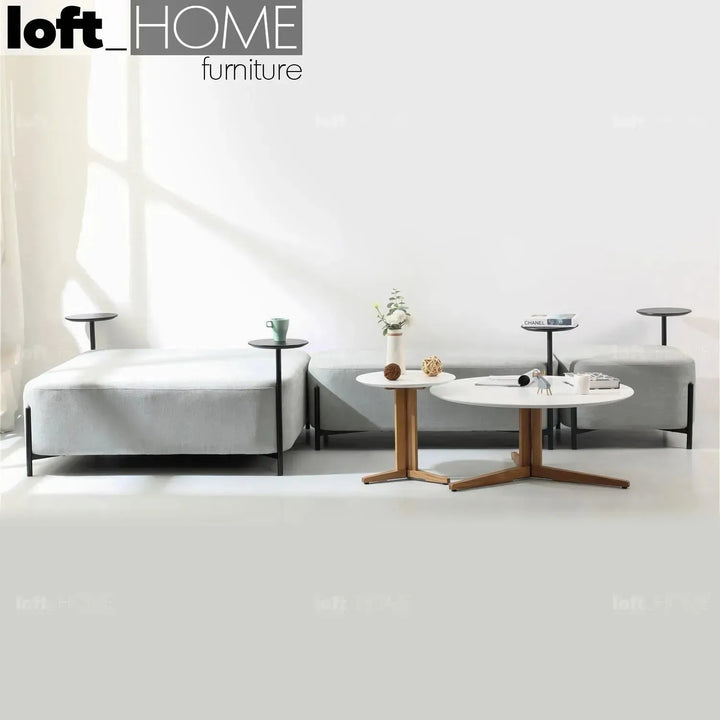 Modern wood coffee table nick in panoramic view.