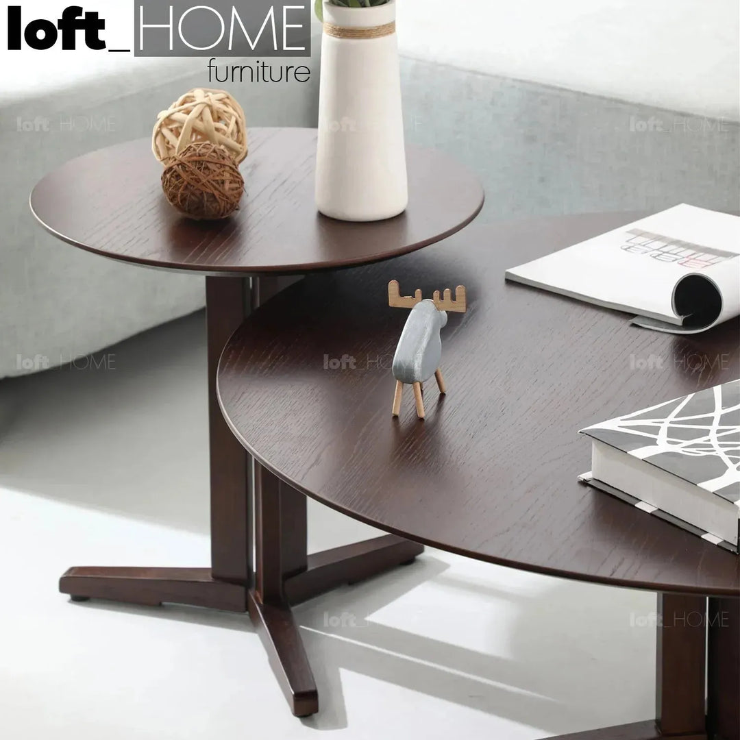 Modern wood coffee table nick in close up details.