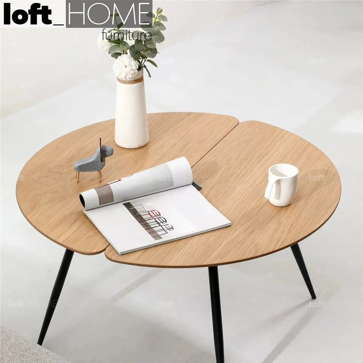 Industrial wood coffee table valboard round material variants.