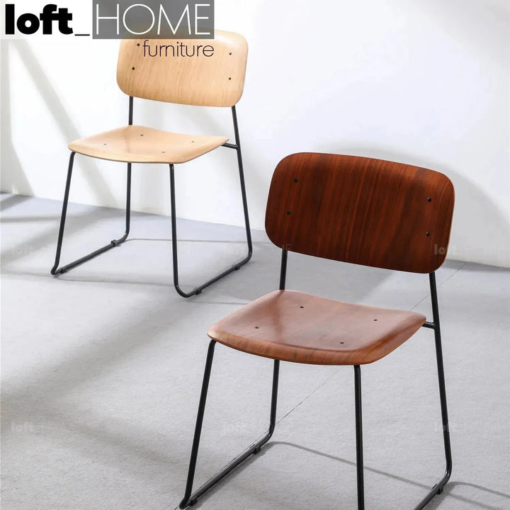 Industrial wood dining chair tambo in panoramic view.