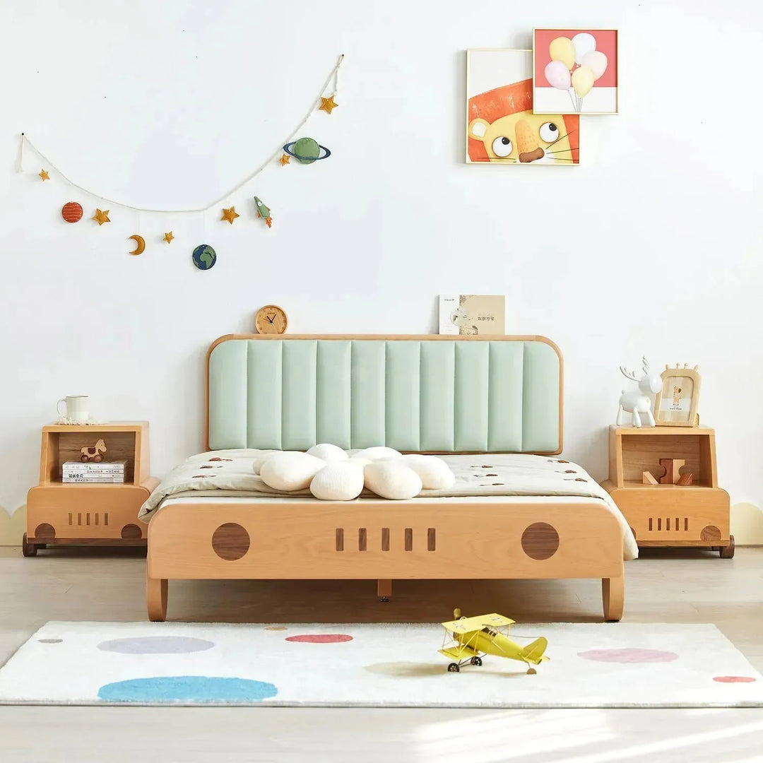 Scandinavian wood kids bed car color swatches.