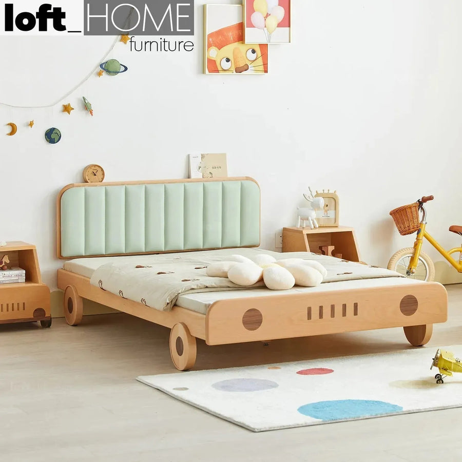 Scandinavian wood kids bed car primary product view.