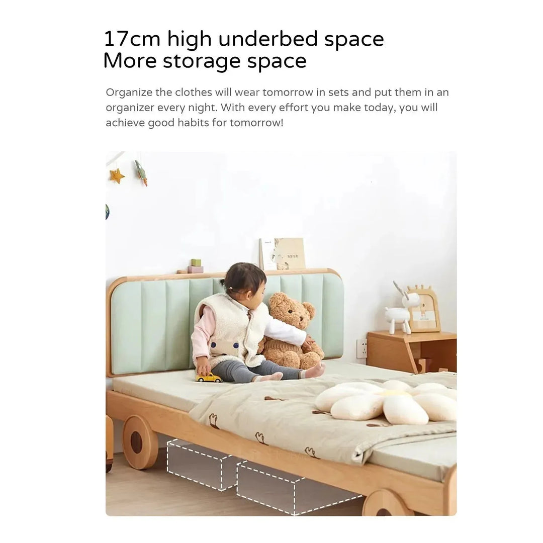 Scandinavian wood kids bed car in panoramic view.