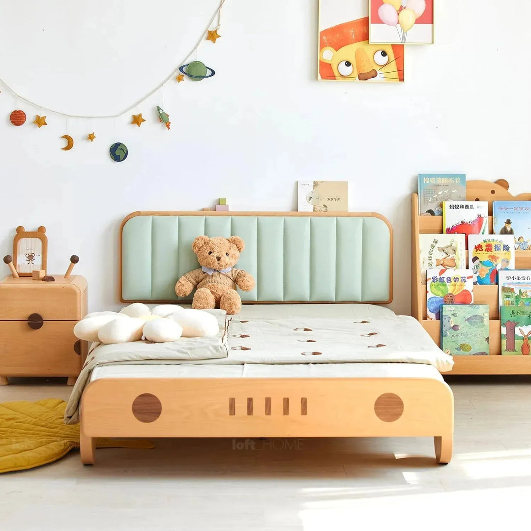 Scandinavian wood kids bed car in details.