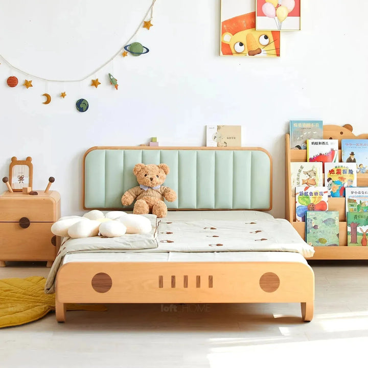 Scandinavian wood kids bed car in details.