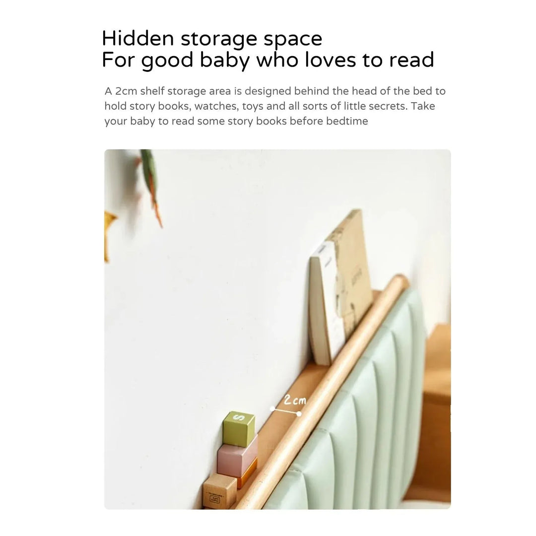 Scandinavian wood kids bed car in close up details.