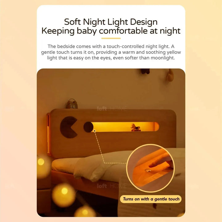 Scandinavian wood kids bed pacman in close up details.
