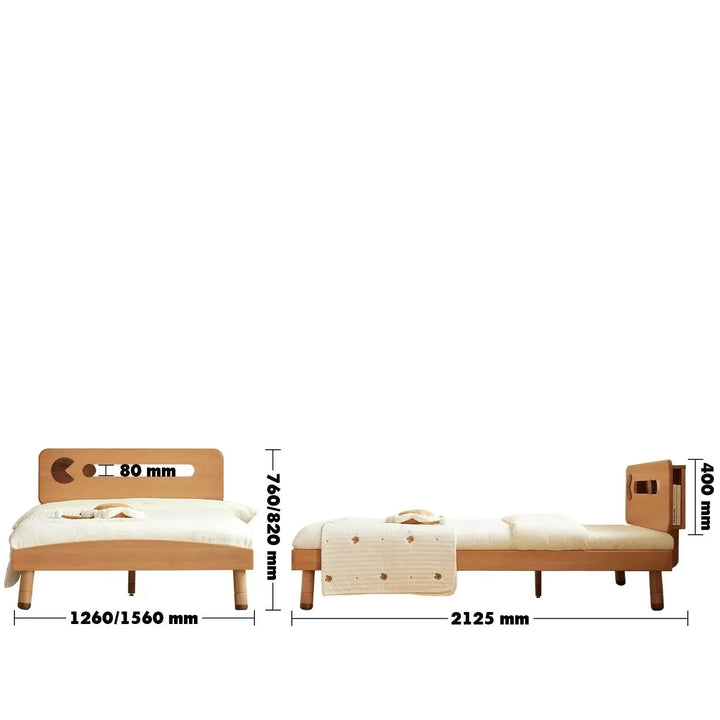 Scandinavian wood kids bed pacman size charts.