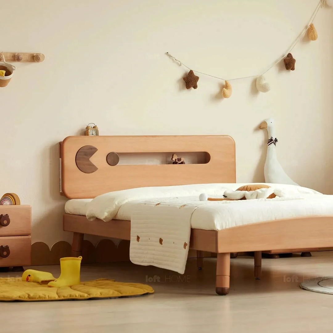 Scandinavian wood kids bed pacman color swatches.