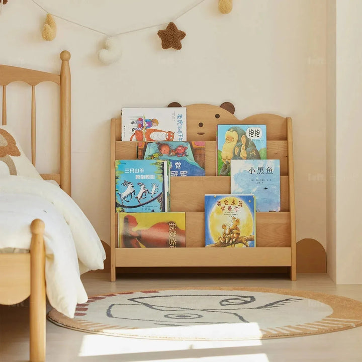 Scandinavian wood kids bookshelf 4 layers bear in real life style.