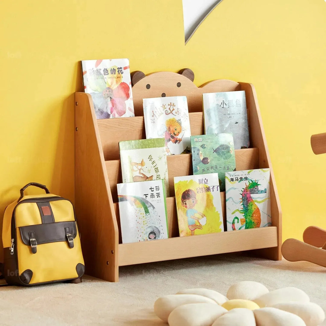 Scandinavian wood kids bookshelf 4 layers bear color swatches.