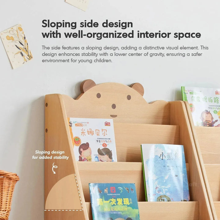 Scandinavian wood kids bookshelf 4 layers bear in close up details.