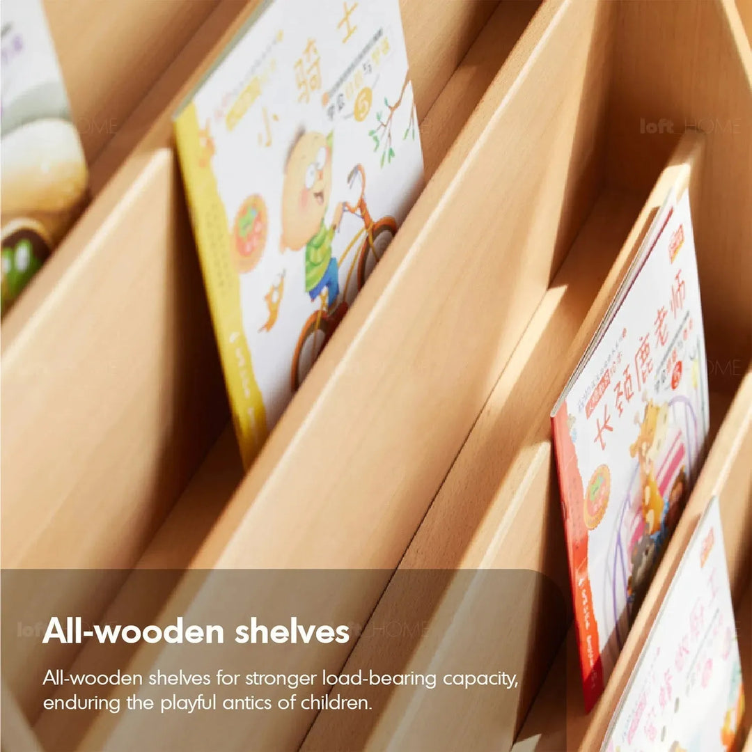 Scandinavian wood kids bookshelf 4 layers bear in still life.