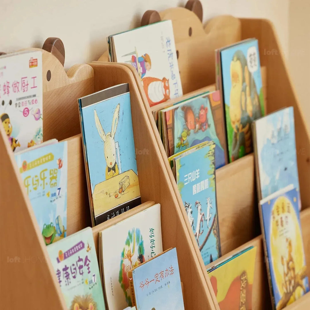 Scandinavian wood kids bookshelf 4 layers bear in details.