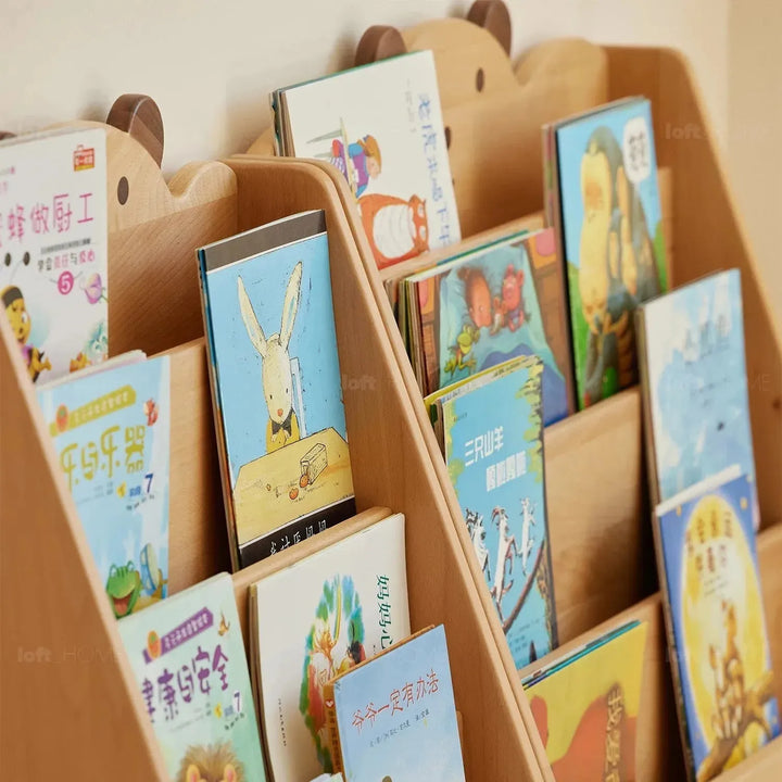 Scandinavian wood kids bookshelf 4 layers bear in details.