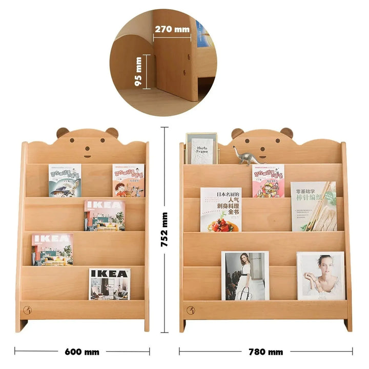 Scandinavian wood kids bookshelf 4 layers bear size charts.