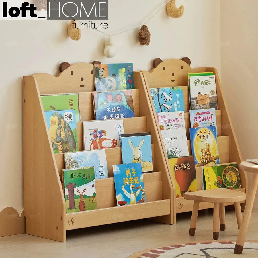 Scandinavian wood kids bookshelf 5 layers bear primary product view.
