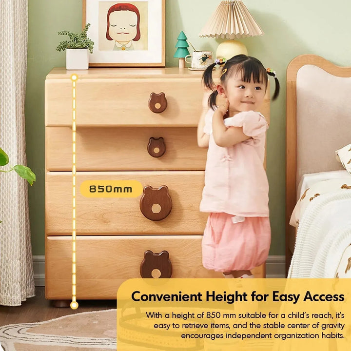 Scandinavian wood kids drawer cabinet teddy in details.