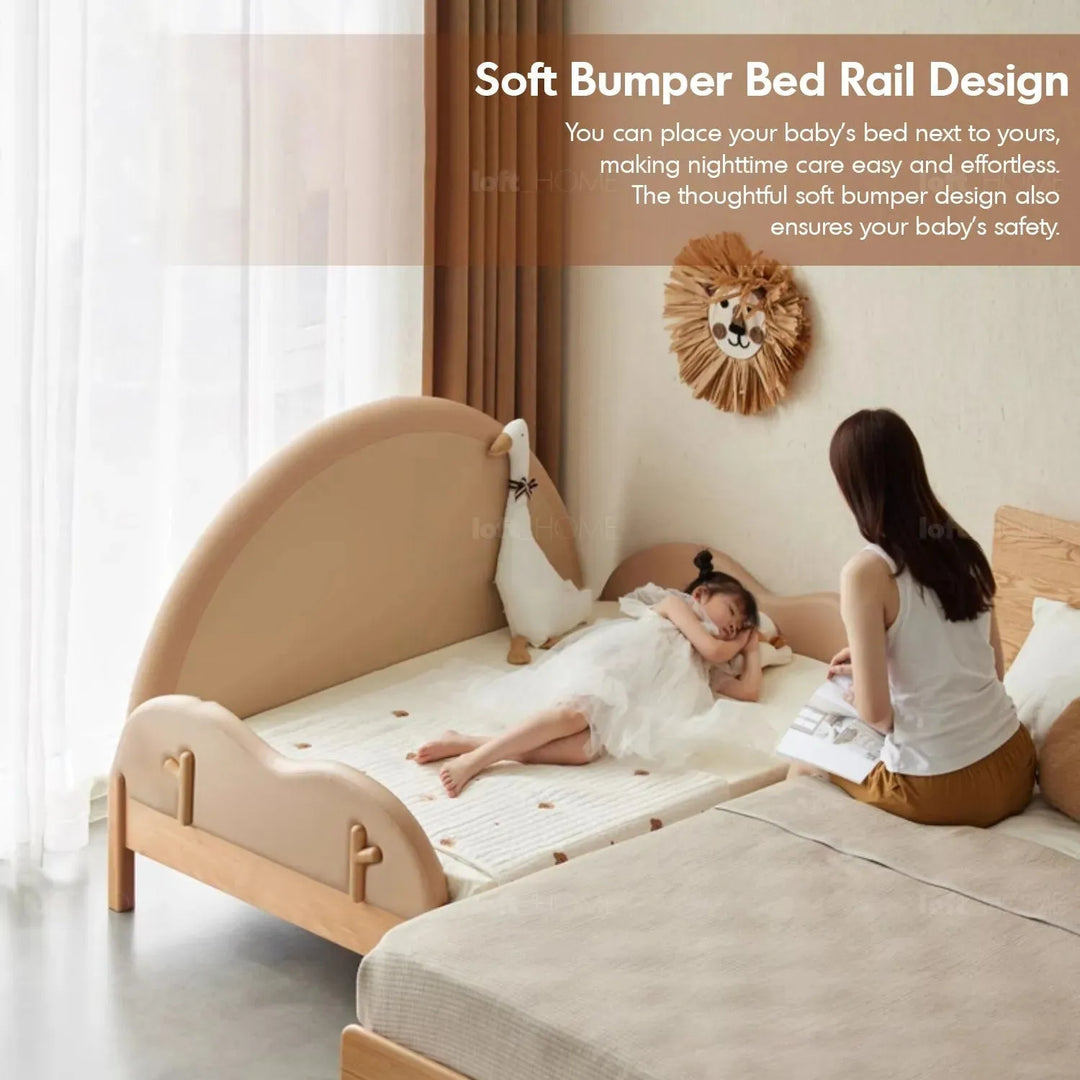 Scandinavian wood kids foldable bed deer in close up details.